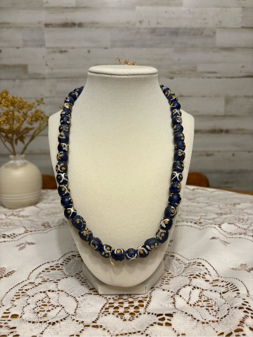 Handcrafted Navy Bead Necklace with Gold Accents